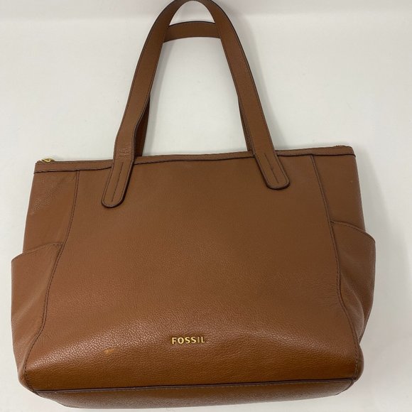 Fossil Brown Pebbled Cowhide Leather Mimi Side Pockets Large Shopper Tote Bag - Picture 1 of 14